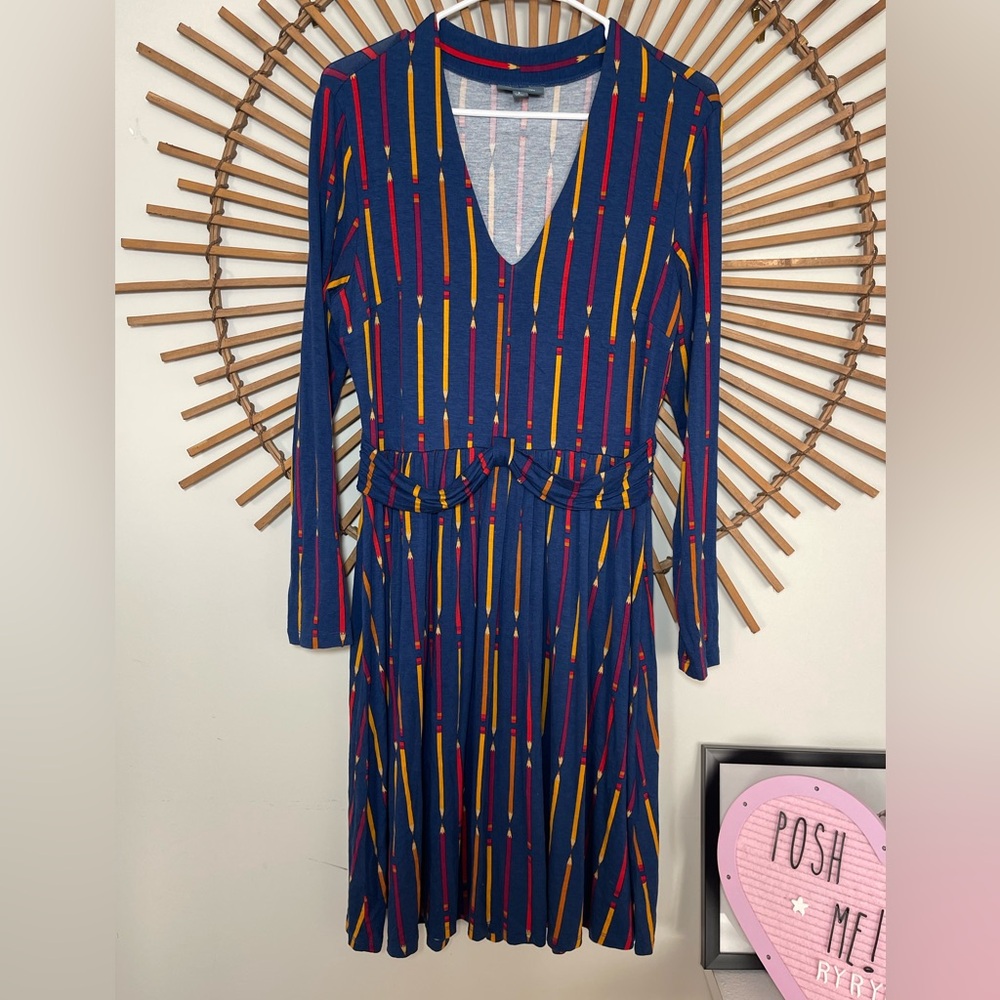 Modcloth Blue Multi Pencil LS Fit & Flare Dress Whimsical Teacher Retro Vintage